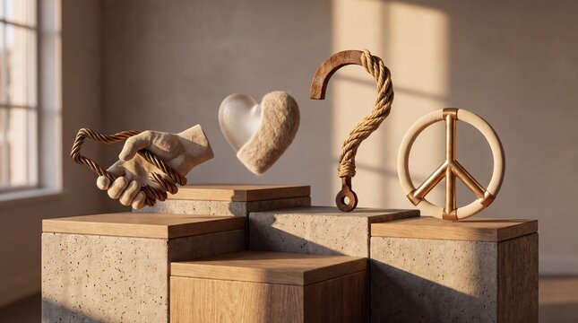 Conceptual 3D Composition of Peace Sign Heart Handshake and Question Mark on Wooden Pedestals. Concept of peace symbol, conceptual art. Copy space.