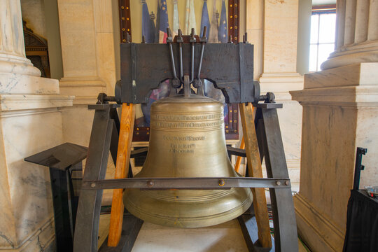 Liberty Bell replica of Rhode Island State House. This building was built in 1904 with Neoclassical style in downtown Providence, Rhode Island RI, USA.