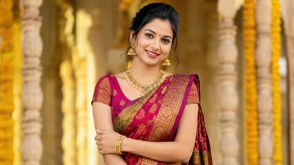 Fototapeta premium Beautiful Indian Woman in Traditional Saree and Gold Jewelry at Temple. Concept of indian wedding, tradition.