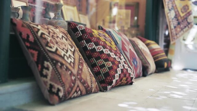 Traditional Turkish Pillows and Textiles Display in Marmaris Shop