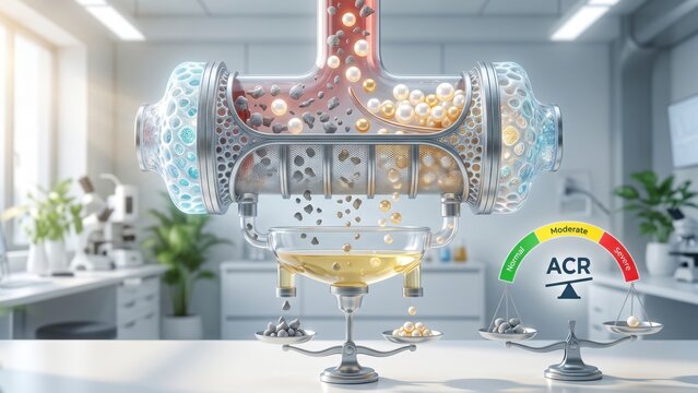 Medical Illustration of Kidney Filtration Process and Albumin Creatinine Ratio ACR Test. Concept of albuminuria, kidney disease, renal function, nephrology.