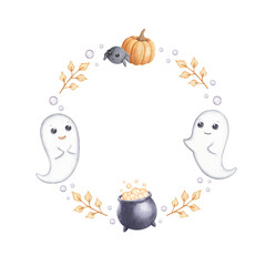 Frame with ghost, boiling cauldron, spider and autumn branches watercolor hand drawn illustration isolated on white background.
