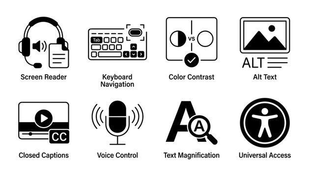Set of digital accessibility icons including screen reader, keyboard navigation, color contrast, alt text, closed captions, voice control, text magnification, and universal access