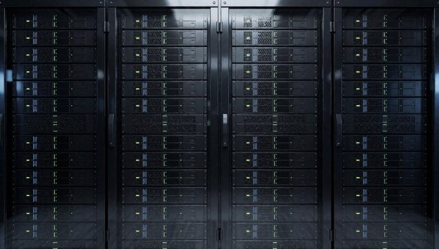 Row black servers data center arranged neat orderly manner each server facing same direction has multiple rows