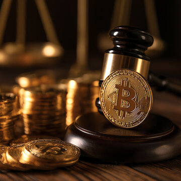 A gavel and Bitcoin coin symbolizing cryptocurrency regulation and legal aspects of digital finance.