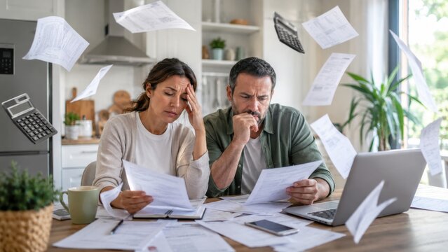 Stressed Couple Managing Household Finances and Flying Bills at Home. Concept of debt crisis, family budget, paying bills, financial problem.