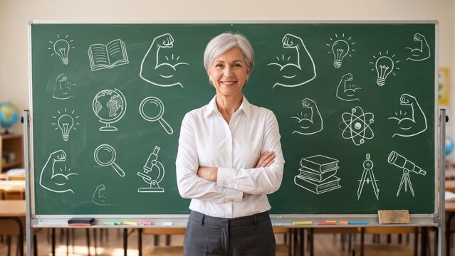 Confident Senior Female Teacher Standing in Front of Blackboard with Education Sketches. Concept of classroom, senior woman.