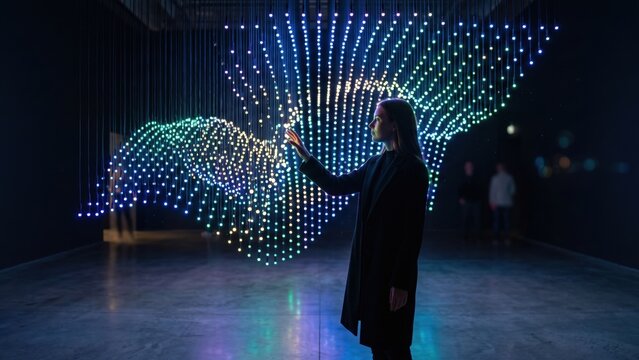 Woman Touching Interactive Light Installation in Dark Gallery Space. Concept of digital art, light art, modern technology, immersive experience. Copy space.