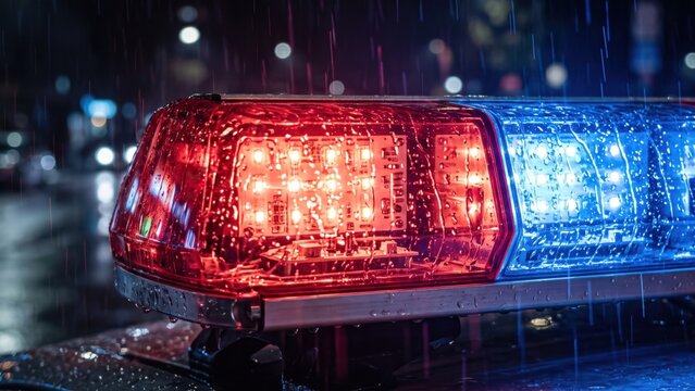 Police Car Flashing Emergency Lights Close Up in Rain at Night. Concept of siren, emergency service.