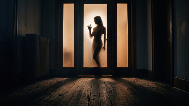 Silhouette of a Woman Behind Frosted Glass Door at Night. Concept of shadow figure, mystery.