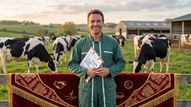 Smiling Male Farmer with Clipboard Standing on Dairy Farm with Cows. Concept of cattle farm, agricultural business.