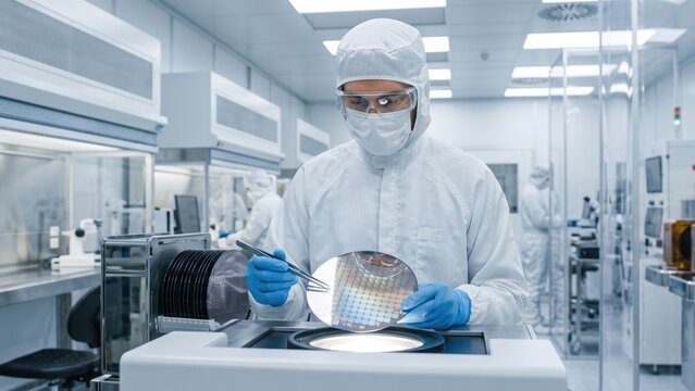 Engineer Holding Silicon Wafer in Cleanroom Microchip Manufacturing Laboratory. Concept of semiconductor, scientist. Copy space.