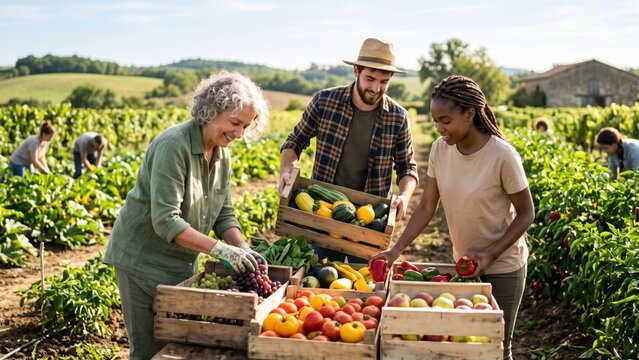 Diverse Farmers Harvesting Organic Vegetables and Fruits outdoors. Concept of organic farming, harvest, local produce, community garden. Copy space.