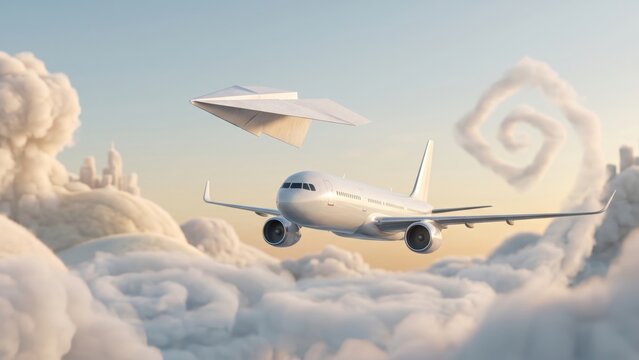 Paper Airplane Flying Above Commercial Jetliner in Sky. Concept of aviation, dream, ambition. Copy space.