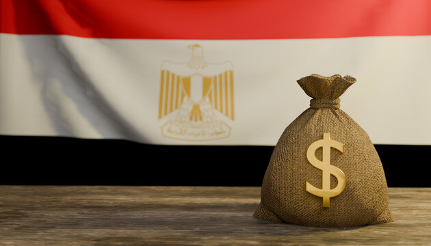 Egyptian Economy Growth: A sack full of money with a golden dollar sign sits on a wooden surface in front of the Egyptian flag, symbolizing economic prosperity and financial growth for the nation.