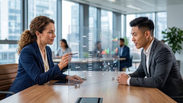 Business People Analyzing Financial Data Chart on Futuristic Transparent Screen in Office. Concept of data analytics, business meeting, futuristic technology, financial graph.