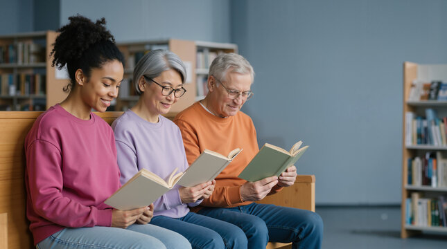 Three diverse people reading books together on a wooden bench in a library. Multiethnic group of young and senior adults studying and learning. Lifelong education and community concept