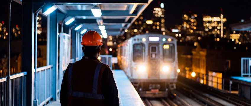 Railway Worker in Safety Gear on Station Platform at Night with Arriving Train