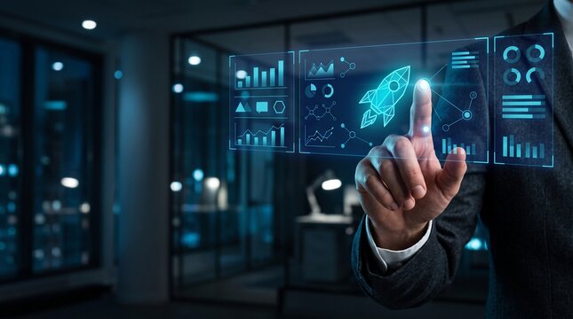 Business startup launch with digital data interface and rocket icon pointing to growth in futuristic office background for financial analytics and technology innovation