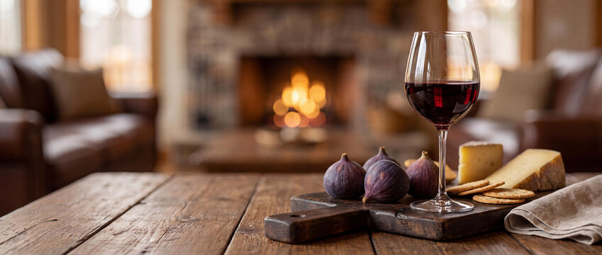 Glass of red wine with fresh figs and cheese platter on a rustic wooden table by a cozy fireplace