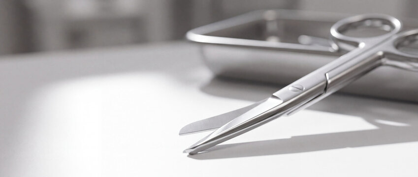 Sterile surgical scissors and metal medical tray on a white table in a clinic.