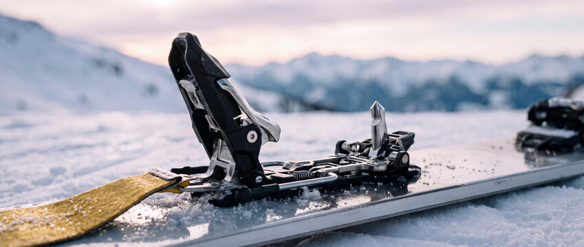 Close-up of modern ski bindings on a ski with snowy mountain peaks in the background at sunset