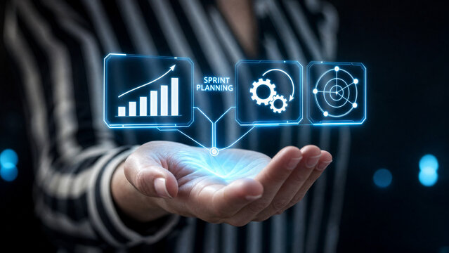 Hand holding glowing icons representing business growth, sprint planning, and target achievement, illustrating a successful business strategy and planning process