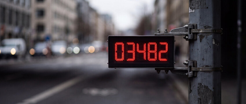 Digital LED bicycle counter on city street pole with blurred background