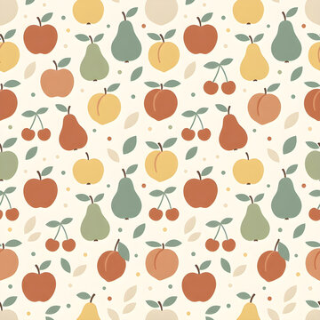 Minimalist seamless fruit pattern with simple apples, pears, peaches and cherries, muted sage green, cream, terracotta and soft yellow palette, Scandinavian aesthetic, clean flat vector illustration, 