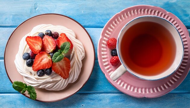 pavlova cake with strawberries and blueberries and mint on a pink saucer and a cup of hot tea home confectionery flatley old retro white and blue table