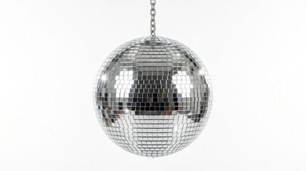 Fototapeta premium Shiny silver disco ball hanging on chain against white background
