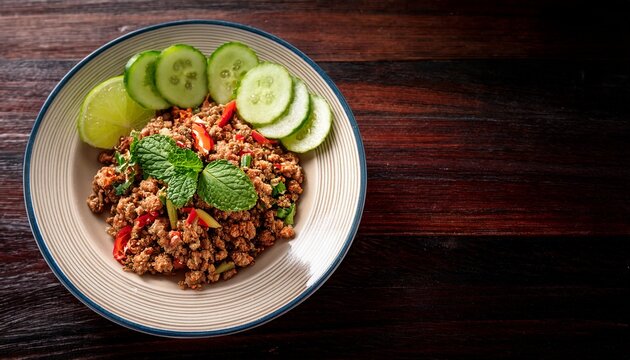 larb ped laab ped famous north east thai food spicy minced duck salad served with chilli slice cucumber and mint leaves thai street food esarn e sarn esan e san isan isaan issarn issan