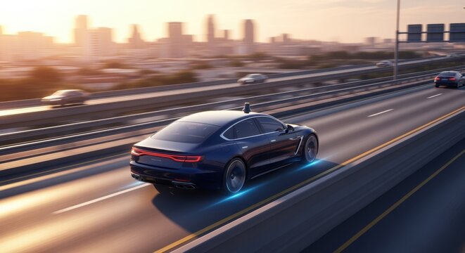 Self driving vehicle navigating a highway at sunset, showcasing the future of transportation with advanced technology and a cityscape backdrop