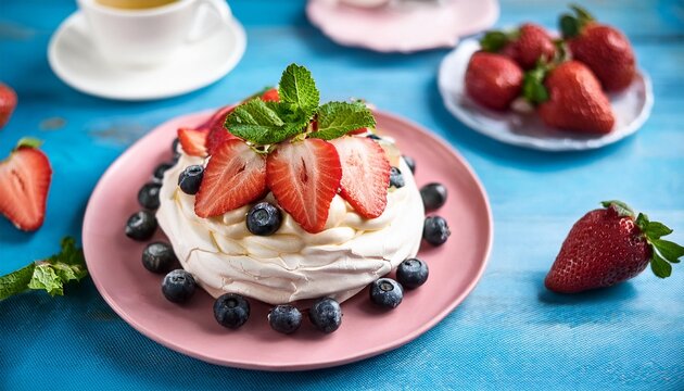 pavlova cake with strawberries and blueberries and mint on a pink platter home confectionery flatley old retro white and blue table