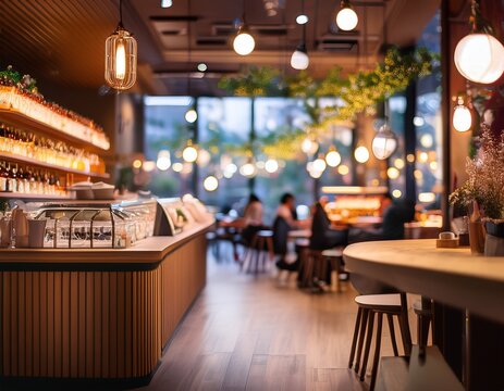 blurred cafe interior coffee shop restaurant bokeh background modern lighting bistro bakery urban atmosphere busy indoor lifestyle