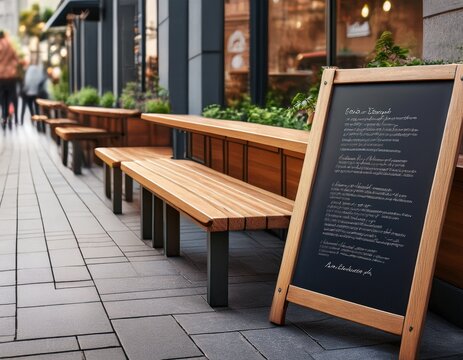 modern urban outdoor cafe terrace with wooden benches and chalkboard sign on city sidewalk street food and lifestyle concept