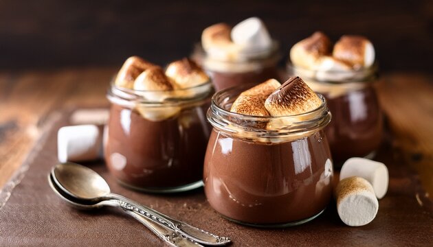 decadent chocolate mousse served in rustic glass jars with toasted marshmallows