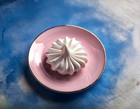 one large meringue on a pink saucer home confectionery old retro white and blue table