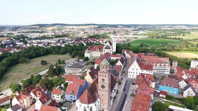 Aerial view of Donauworth old town and Holy Cross Monastery, Germany