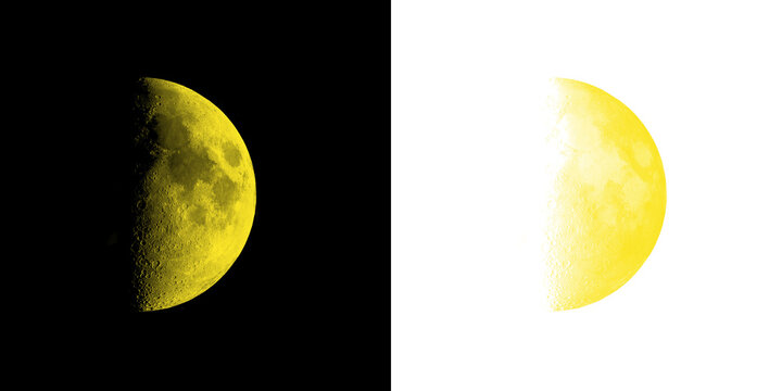 Yellow glowing half moon surface texture. Featuring detailed lunar craters, cosmic satellite, astronomy and space art. Transparent Background