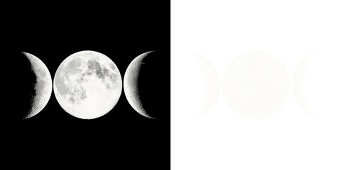 Triple moon goddess phase symbol texture. Featuring full moon, waxing and waning crescents, astronomy and space art. Transparent Background © Nargis