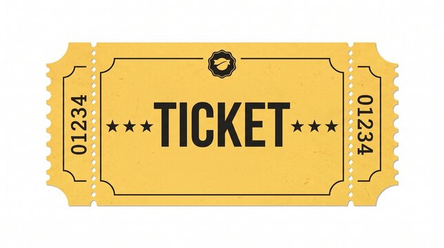 ​A vintage-style yellow ticket with bold black text reading "TICKET", classic star icons, serial numbers, and perforated edges on a white background.