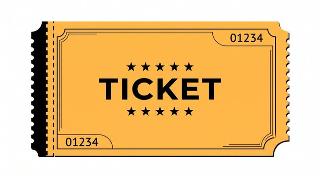 A classic yellow vintage ticket vector illustration with five stars and serial numbers on a white background.