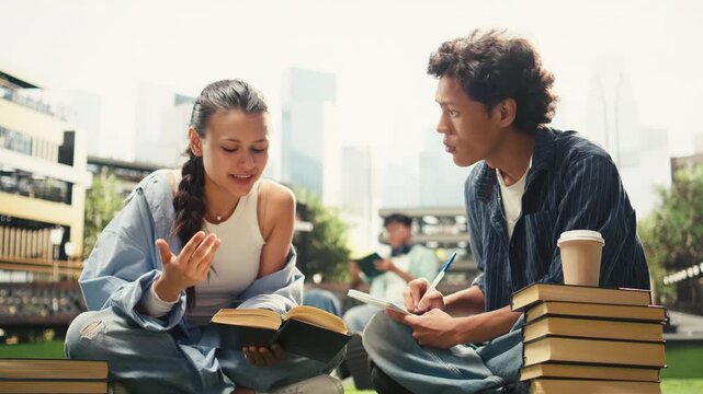 Diverse classmates collaborate with textbooks while seated on a university campus lawn, discussing coursework and taking notes for exam preparation, supporting peer tutoring and group study.