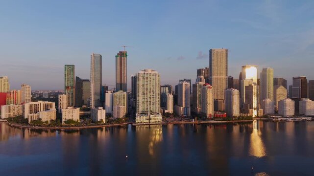 Aerial sunrise view of Miami skyline  across Biscayne Bay
