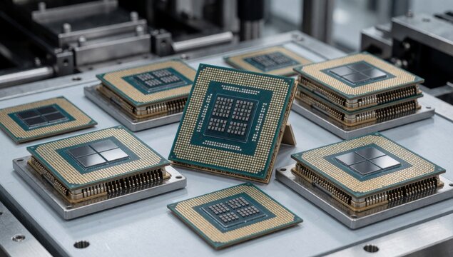 Group computer processors conveyor belt factory arranged row different sizes shapes each processor has unique