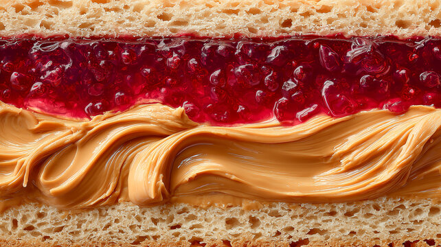 A macro cross section view of a classic sandwich, featuring thick textured layers of creamy peanut butter and sweet glistening red berry jelly spread between soft white bread slices