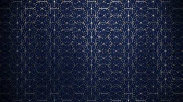 Elegant Japanese Asanoha hemp leaf pattern, gold geometric lattice of fine lines with a soft glow travelling through the six pointed star grid, traditional wagara motion in rich indigo tones