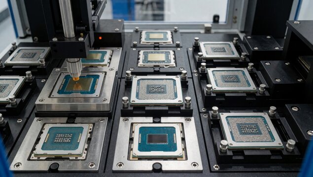 Close-up machine multiple rows electronic components appears cnc computer numerical control which used cutting