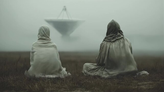 Woman and man in hooded white robes sit cross-legged in foggy field facing levitating triangular craft. Mystical ufo encounter and spiritual meditation concept in ethereal landscape.